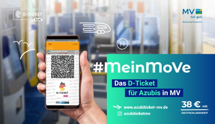 Smartphone mit D-Ticket für Azubis in MV, Hintergrund: Zugabteil. Text: #meinMoVe, 38 € mtl., deutschlandweit